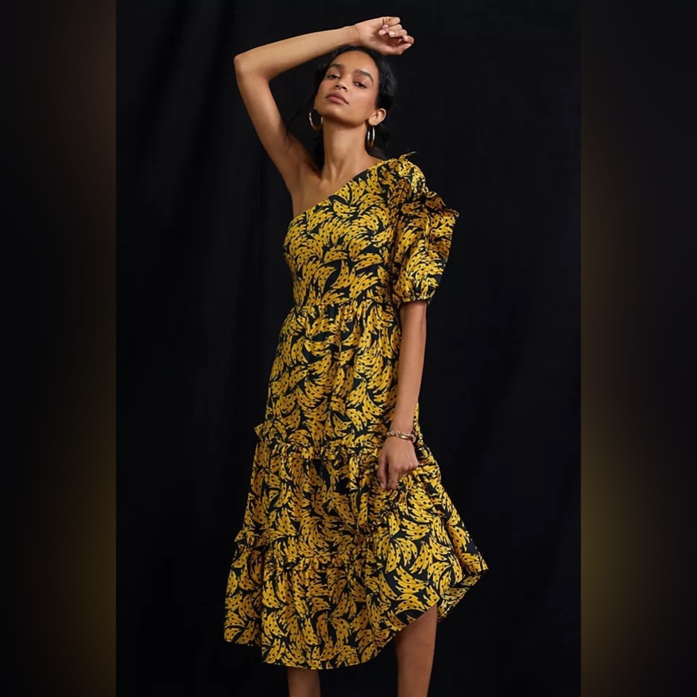 Farm Rio Banana One Shoulder MIDI Dress M